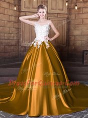 On Sale Elastic Woven Satin Scoop Sleeveless Court Train Lace Up Lace and Appliques Ball Gown Prom Dress in Gold