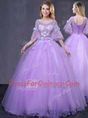 Fantastic Lavender Ball Gowns Scoop Half Sleeves Tulle Floor Length Lace Up Lace and Appliques Sweet 16 Dress
