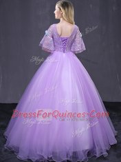 Fantastic Lavender Ball Gowns Scoop Half Sleeves Tulle Floor Length Lace Up Lace and Appliques Sweet 16 Dress