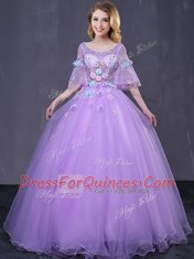 Fantastic Lavender Ball Gowns Scoop Half Sleeves Tulle Floor Length Lace Up Lace and Appliques Sweet 16 Dress