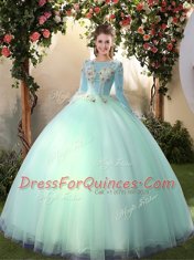Inexpensive Apple Green Scoop Neckline Appliques Quinceanera Dresses Long Sleeves Lace Up