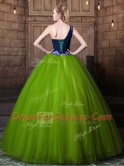 Ball Gowns Vestidos de Quinceanera Olive Green One Shoulder Tulle Sleeveless Floor Length Lace Up