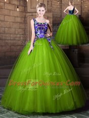 Ball Gowns Vestidos de Quinceanera Olive Green One Shoulder Tulle Sleeveless Floor Length Lace Up