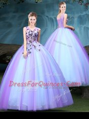 Simple Tulle Sleeveless Floor Length Quince Ball Gowns and Appliques