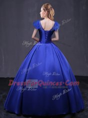 Stunning Cap Sleeves Floor Length Lace Up 15 Quinceanera Dress Royal Blue for Military Ball and Sweet 16 and Quinceanera with Appliques