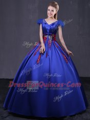 Stunning Cap Sleeves Floor Length Lace Up 15 Quinceanera Dress Royal Blue for Military Ball and Sweet 16 and Quinceanera with Appliques