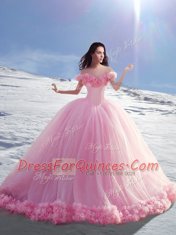 Popular Rose Pink Ball Gowns Off The Shoulder Cap Sleeves Tulle Court Train Lace Up Hand Made Flower Vestidos de Quinceanera