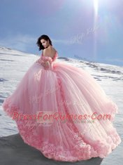 Popular Rose Pink Ball Gowns Off The Shoulder Cap Sleeves Tulle Court Train Lace Up Hand Made Flower Vestidos de Quinceanera