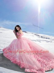Popular Rose Pink Ball Gowns Off The Shoulder Cap Sleeves Tulle Court Train Lace Up Hand Made Flower Vestidos de Quinceanera