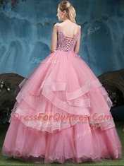 Modern Baby Pink Quinceanera Gown Military Ball and Sweet 16 and Quinceanera and For with Lace and Appliques and Ruffles Scoop Sleeveless Lace Up