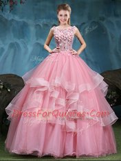 Modern Baby Pink Quinceanera Gown Military Ball and Sweet 16 and Quinceanera and For with Lace and Appliques and Ruffles Scoop Sleeveless Lace Up