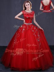 Smart Red Vestidos de Quinceanera Military Ball and Sweet 16 and Quinceanera and For with Beading and Belt Scoop Cap Sleeves Lace Up