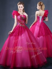 One Shoulder Fuchsia Lace Up 15th Birthday Dress Lace and Appliques and Ruffles Sleeveless Floor Length