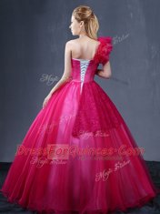 One Shoulder Fuchsia Lace Up 15th Birthday Dress Lace and Appliques and Ruffles Sleeveless Floor Length