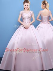 Scoop Pink Cap Sleeves Appliques Floor Length 15th Birthday Dress