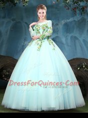 Scoop Aqua Blue Long Sleeves Floor Length Appliques Lace Up Quinceanera Gowns