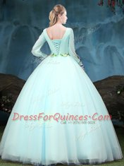 Scoop Aqua Blue Long Sleeves Floor Length Appliques Lace Up Quinceanera Gowns