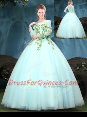 Scoop Aqua Blue Long Sleeves Floor Length Appliques Lace Up Quinceanera Gowns