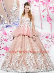 Scoop Sleeveless Lace Up Quinceanera Dresses Pink Organza and Tulle