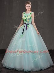 Apple Green Organza Lace Up Scoop Sleeveless Floor Length Sweet 16 Quinceanera Dress Appliques