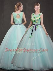 Apple Green Organza Lace Up Scoop Sleeveless Floor Length Sweet 16 Quinceanera Dress Appliques