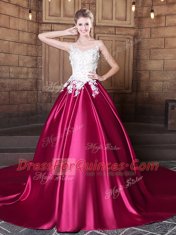Scoop Lace and Appliques Sweet 16 Dress Hot Pink Lace Up Sleeveless Court Train
