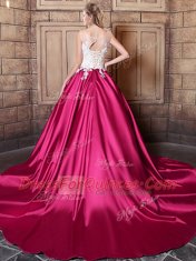 Scoop Lace and Appliques Sweet 16 Dress Hot Pink Lace Up Sleeveless Court Train
