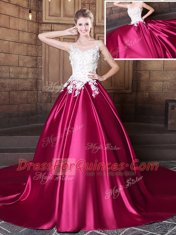 Scoop Lace and Appliques Sweet 16 Dress Hot Pink Lace Up Sleeveless Court Train