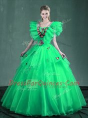Square Turquoise and Apple Green Organza Lace Up Vestidos de Quinceanera Sleeveless Floor Length Embroidery