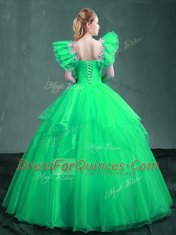 Square Turquoise and Apple Green Organza Lace Up Vestidos de Quinceanera Sleeveless Floor Length Embroidery