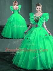 Square Turquoise and Apple Green Organza Lace Up Vestidos de Quinceanera Sleeveless Floor Length Embroidery