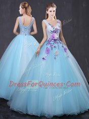 Tulle Sleeveless Floor Length Quinceanera Dress and Lace and Appliques