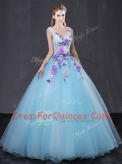 Tulle Sleeveless Floor Length Quinceanera Dress and Lace and Appliques