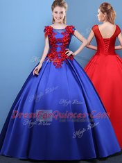 Scoop Royal Blue Cap Sleeves Satin Lace Up Quince Ball Gowns for Military Ball and Sweet 16 and Quinceanera