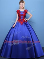 Scoop Royal Blue Cap Sleeves Satin Lace Up Quince Ball Gowns for Military Ball and Sweet 16 and Quinceanera