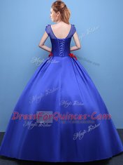 Scoop Royal Blue Cap Sleeves Satin Lace Up Quince Ball Gowns for Military Ball and Sweet 16 and Quinceanera