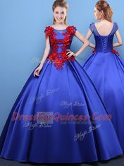 Scoop Royal Blue Cap Sleeves Satin Lace Up Quince Ball Gowns for Military Ball and Sweet 16 and Quinceanera