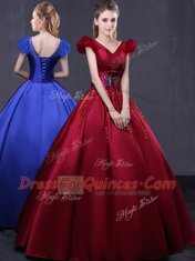 Affordable Floor Length Wine Red Ball Gown Prom Dress V-neck Cap Sleeves Lace Up