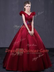 Affordable Floor Length Wine Red Ball Gown Prom Dress V-neck Cap Sleeves Lace Up