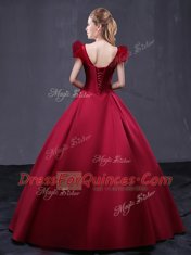 Affordable Floor Length Wine Red Ball Gown Prom Dress V-neck Cap Sleeves Lace Up