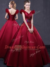Affordable Floor Length Wine Red Ball Gown Prom Dress V-neck Cap Sleeves Lace Up