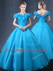 Suitable Off the Shoulder Baby Blue Tulle Lace Up Sweet 16 Dresses Cap Sleeves Floor Length Appliques