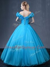 Suitable Off the Shoulder Baby Blue Tulle Lace Up Sweet 16 Dresses Cap Sleeves Floor Length Appliques