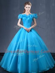 Suitable Off the Shoulder Baby Blue Tulle Lace Up Sweet 16 Dresses Cap Sleeves Floor Length Appliques
