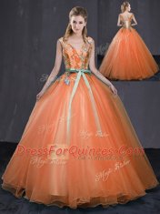 Ideal Orange Ball Gowns Tulle V-neck Sleeveless Beading and Belt Floor Length Lace Up Quinceanera Gowns