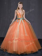 Ideal Orange Ball Gowns Tulle V-neck Sleeveless Beading and Belt Floor Length Lace Up Quinceanera Gowns