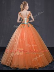 Ideal Orange Ball Gowns Tulle V-neck Sleeveless Beading and Belt Floor Length Lace Up Quinceanera Gowns