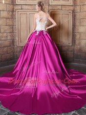 Amazing Scoop Fuchsia Elastic Woven Satin Lace Up Vestidos de Quinceanera Sleeveless With Train Court Train Appliques