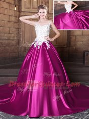 Amazing Scoop Fuchsia Elastic Woven Satin Lace Up Vestidos de Quinceanera Sleeveless With Train Court Train Appliques