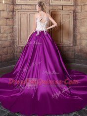 Hot Selling Scoop Elastic Woven Satin Sleeveless With Train Quinceanera Gowns Court Train and Lace and Appliques